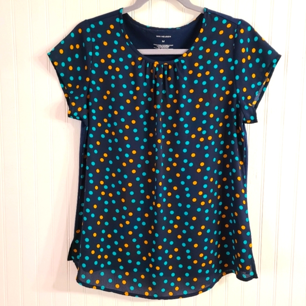 Van Heusen Navy Blouse With Teal and Mustard Polka Dots, Medium